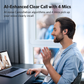 Man using EarFun OpenJump open-ear wireless earbuds with AI noise cancellation and 4-mic system for clear video calls on a laptop in a bright home office.