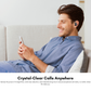 Man relaxing on a sofa using EarFun OpenJump open-ear wireless earbuds and smartphone, demonstrating AI noise reduction and four-mic technology for crystal-clear calls in any environment.