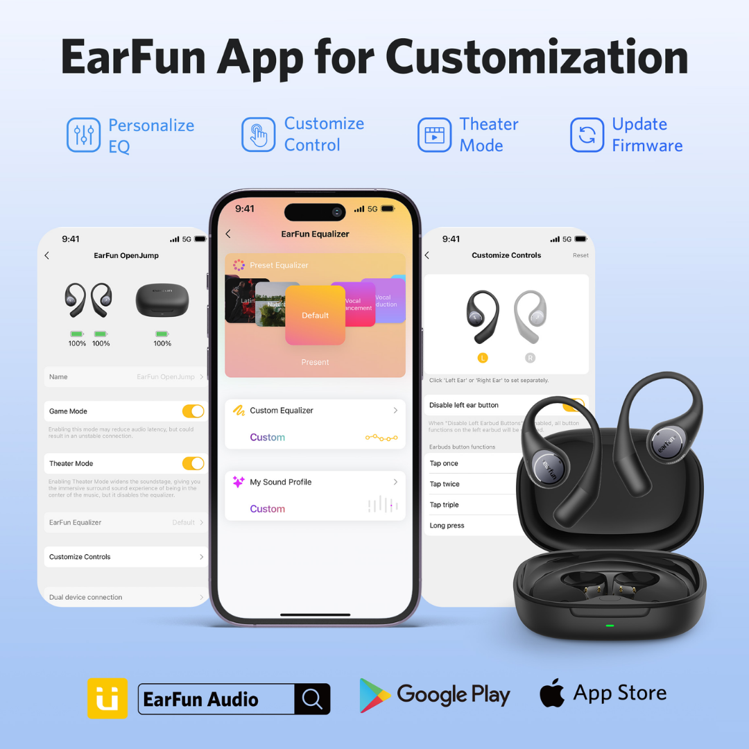 EarFun OpenJump wireless earbuds with charging case and smartphones displaying the EarFun Audio app, highlighting customizable EQ, control settings, theater mode, and firmware updates for personalized audio experience.