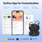 EarFun OpenJump wireless earbuds with charging case and smartphones displaying the EarFun Audio app, highlighting customizable EQ, control settings, theater mode, and firmware updates for personalized audio experience.