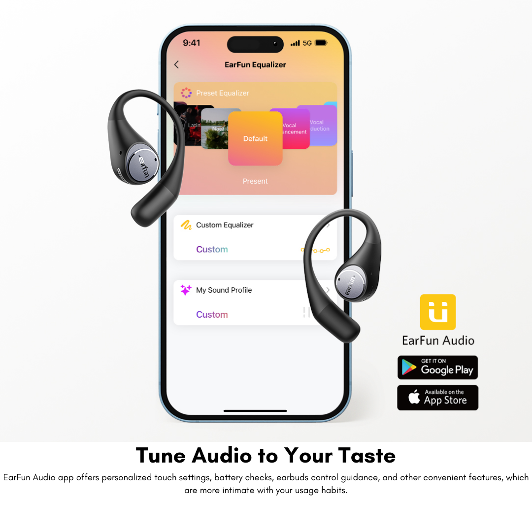 EarFun OpenJump open-ear wireless earbuds displayed with a smartphone showing the EarFun Audio app’s customizable equalizer and sound profile settings, highlighting personalized audio controls and app compatibility for Android and iOS.