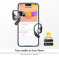 EarFun OpenJump open-ear wireless earbuds displayed with a smartphone showing the EarFun Audio app’s customizable equalizer and sound profile settings, highlighting personalized audio controls and app compatibility for Android and iOS.
