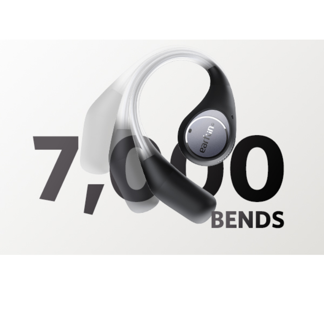 EarFun OpenJump wireless earbud demonstrating flexible ear hook durability, tested to withstand 7,000 bends for long-lasting comfort and secure fit.