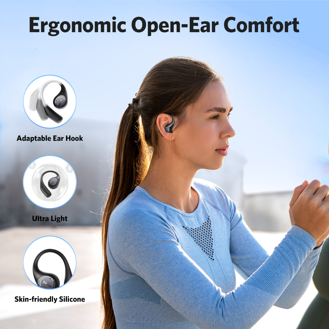 Woman wearing EarFun OpenJump open-ear wireless earbuds with ergonomic adaptable ear hooks, ultra-light design, and skin-friendly silicone for all-day comfort during outdoor activity.