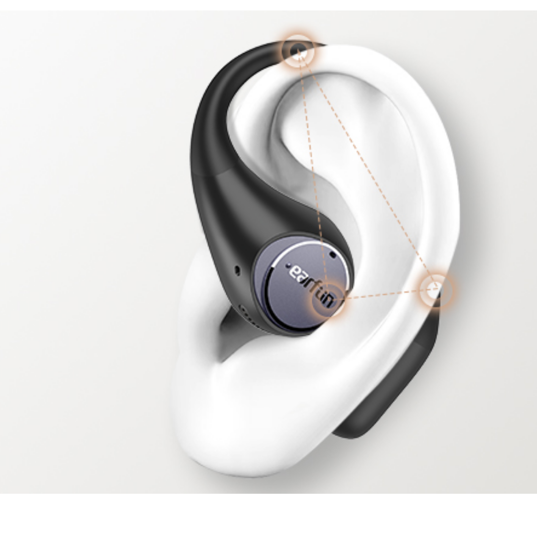 EarFun OpenJump open-ear wireless earbud in black, shown worn on a 3D ear model, highlighting ergonomic design and secure three-point fit for comfort and stability.
