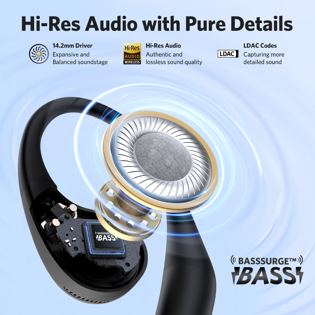 EarFun OpenJump wireless earbud with exposed 14.2mm driver and BassSurge™ technology, featuring Hi-Res Audio, LDAC codec, and expansive soundstage for pure audio details.