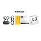 EarFun OpenJump open-ear wireless earbuds package contents including earbuds, charging case, USB-C charging cable, warranty card, user manual, and retail box, displayed in a row.
