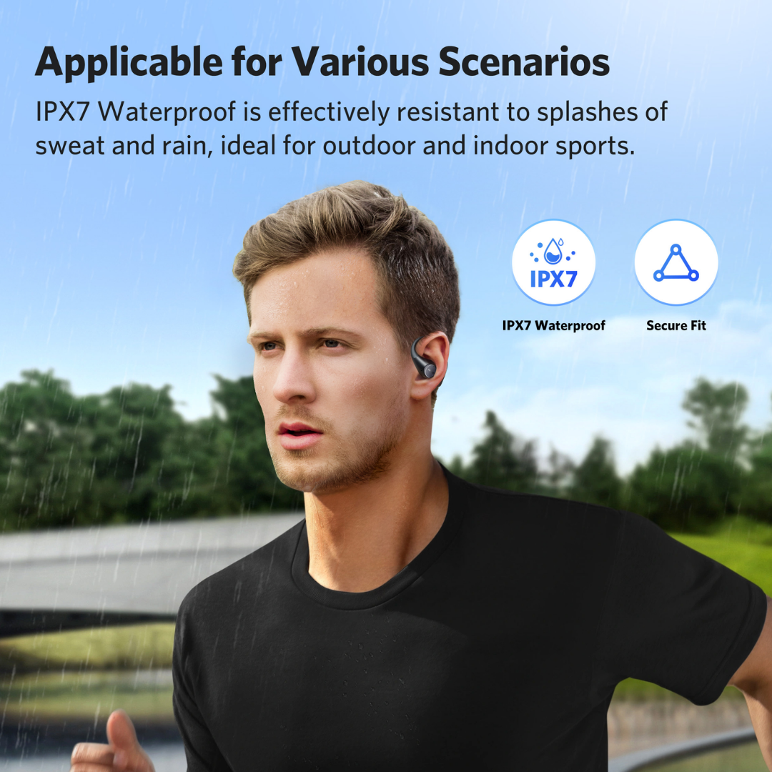 Man running outdoors in the rain wearing EarFun OpenJump open-ear wireless earbuds with IPX7 waterproof rating and secure fit, ideal for sports and active lifestyles.