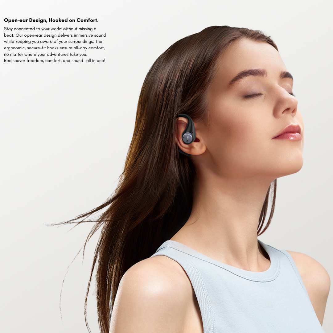 Woman wearing EarFun OpenJump open-ear wireless earbuds with ergonomic secure-fit hooks, demonstrating lightweight comfort and awareness for all-day listening.