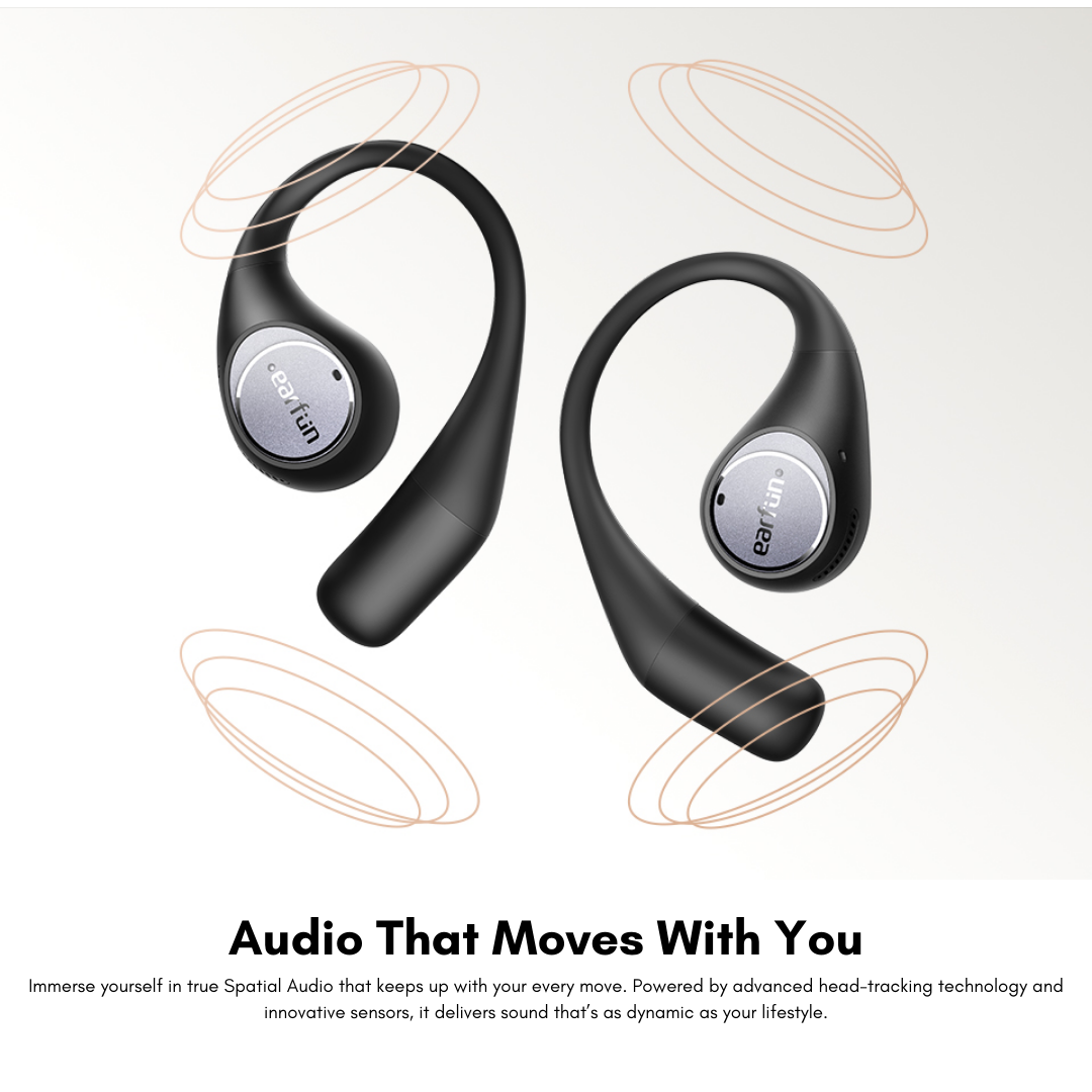 EarFun OpenJump open-ear wireless earbuds in black, featuring spatial audio and dynamic head-tracking technology for immersive, motion-responsive sound experience.
