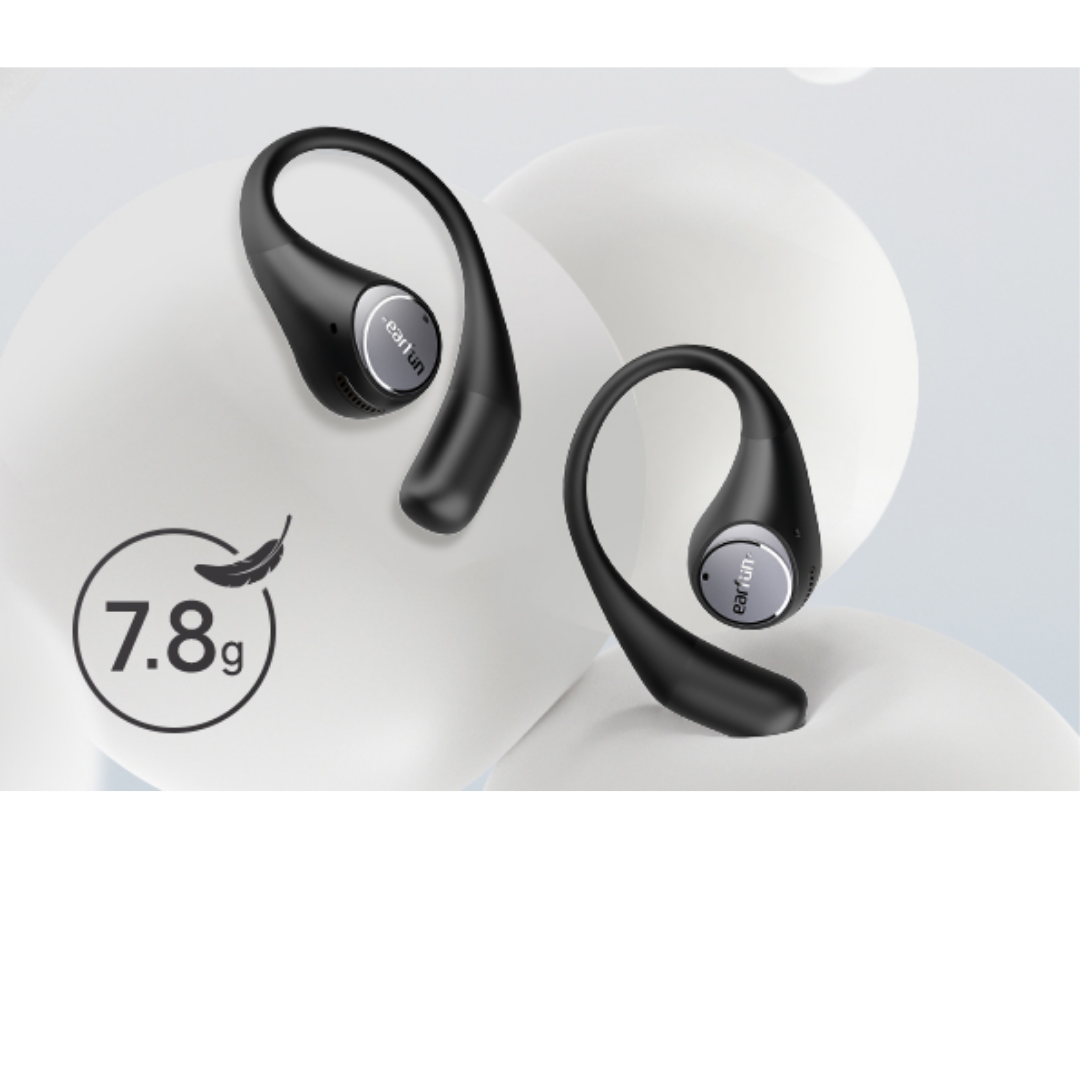 EarFun OpenJump open-ear wireless earbuds in black, each weighing only 7.8 grams, shown on a white background to highlight their ultra-lightweight and ergonomic design.