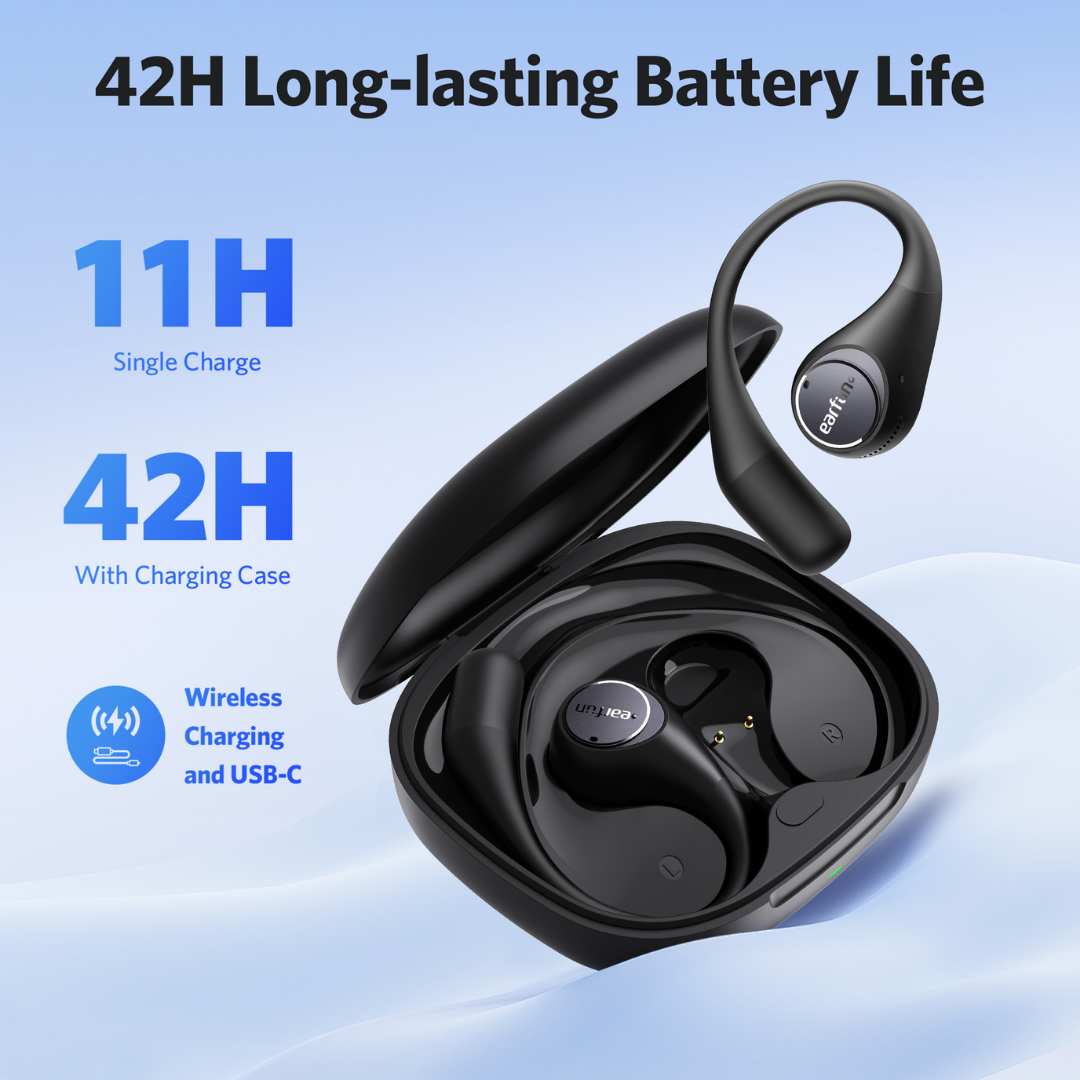 EarFun OpenJump wireless earbuds in black with ergonomic ear hooks, shown in an open charging case highlighting 42-hour long battery life, 11 hours per charge, and support for wireless charging and USB-C.