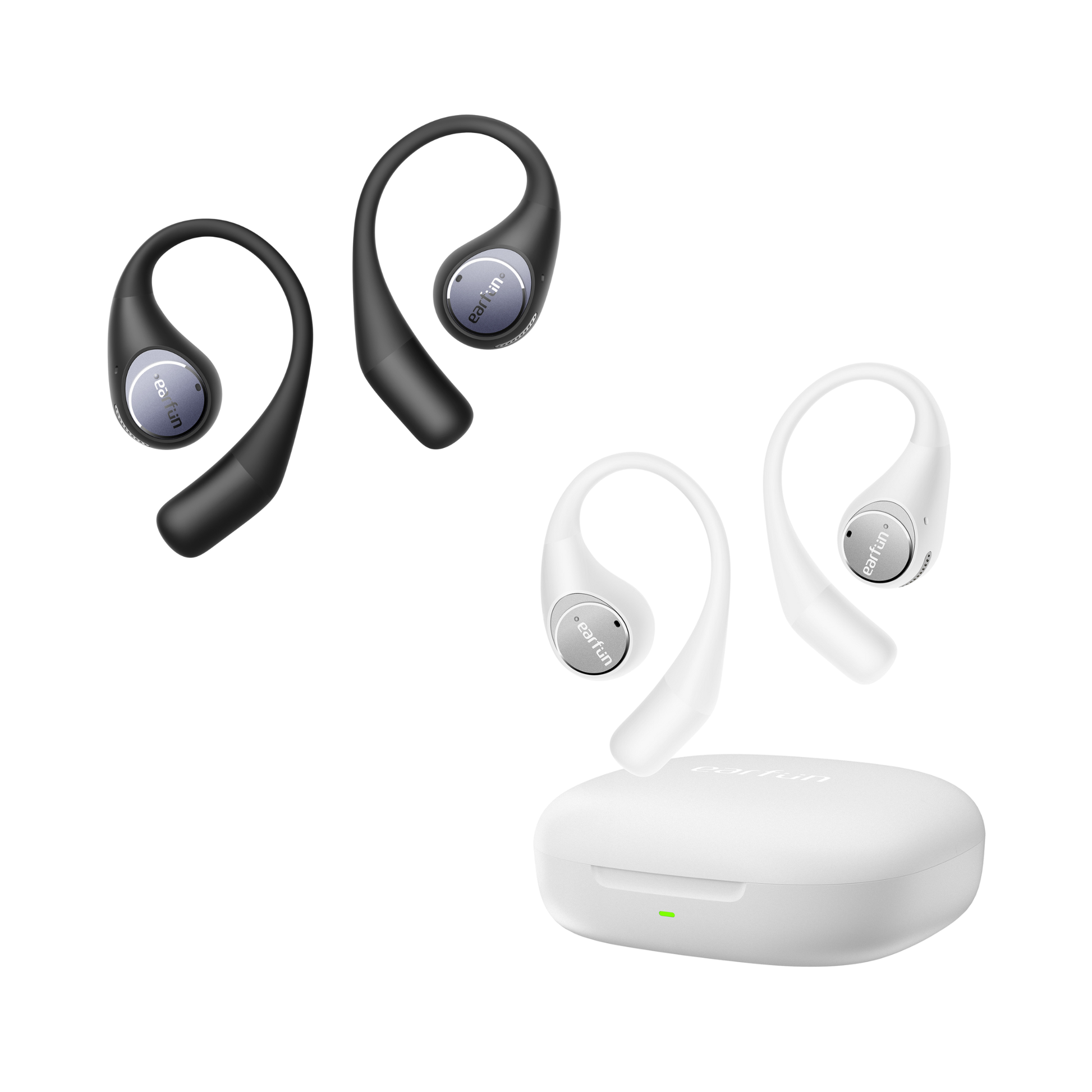 Black and white pairs of EarFun OpenJump wireless sport earbuds with ear hooks, shown alongside a white charging case on a white background