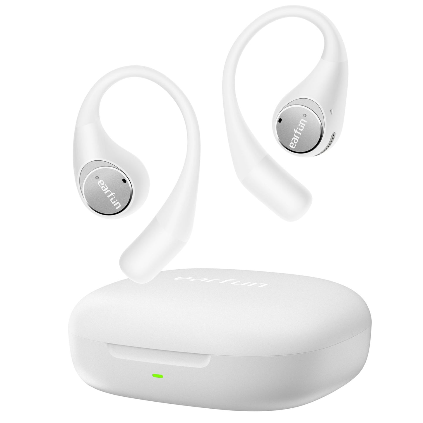 White EarFun OpenJump wireless sport earbuds with ear hooks, displayed above a matching white charging case on a white background.