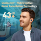 Man wearing EarFun earbuds in transit setting, highlighting Qualcomm hybrid active noise cancellation technology with up to 43dB reduction.