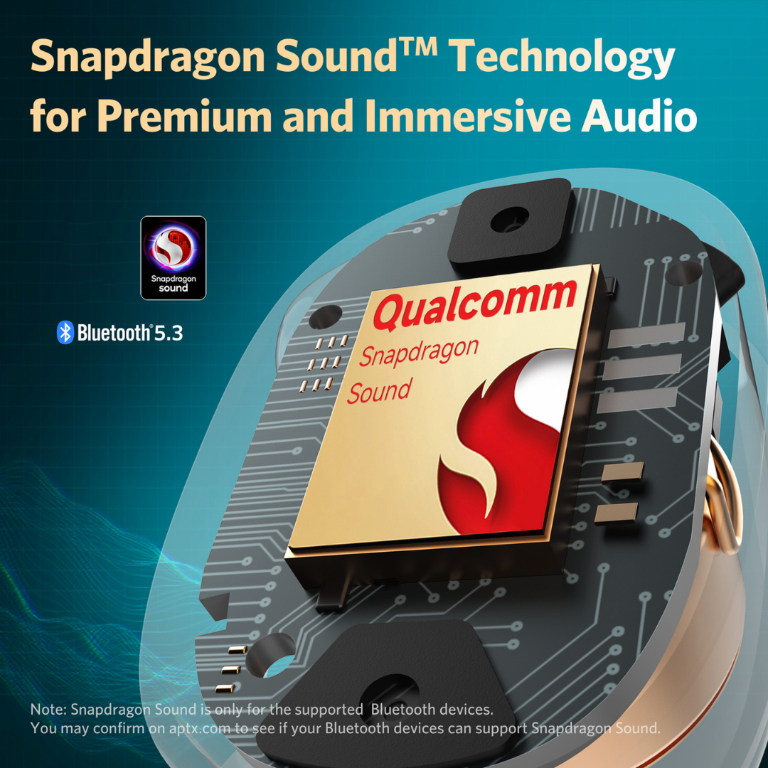 Close-up illustration of Qualcomm Snapdragon Sound chip inside EarFun earbuds, highlighting Snapdragon Sound technology and Bluetooth 5.3 for immersive audio.