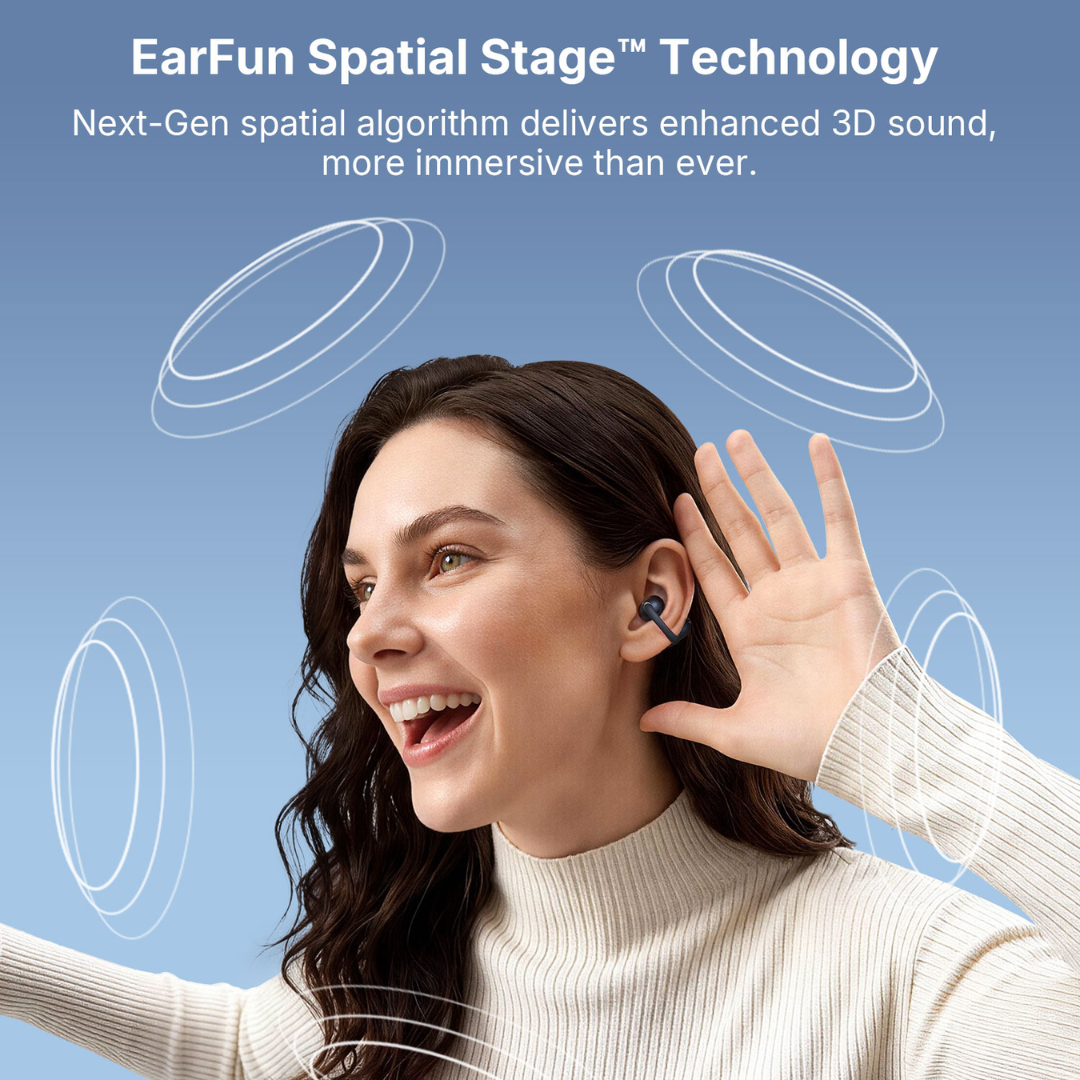 Person wearing EarFun earbuds with graphics illustrating Spatial Stage technology and next-gen 3D immersive sound waves on a blue background
