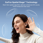 Person wearing EarFun earbuds with graphics illustrating Spatial Stage technology and next-gen 3D immersive sound waves on a blue background