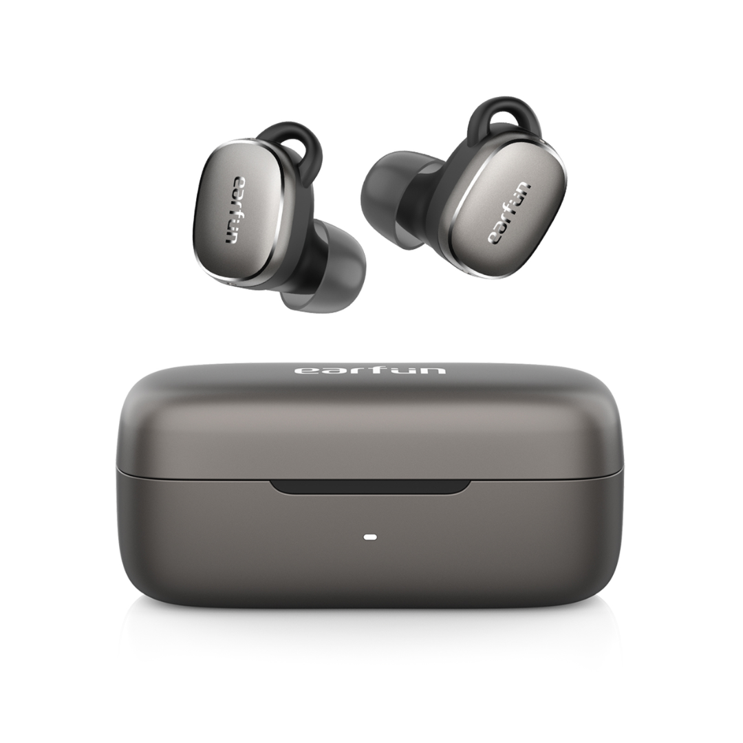 EarFun wireless earbuds in black with matching black charging case, shown against a white background.