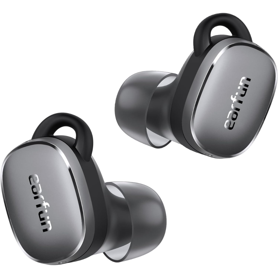 EarFun wireless earbuds in black and silver finish, displayed side by side on a white background.