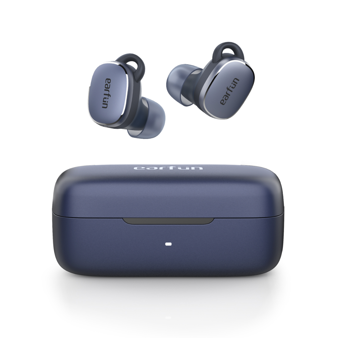 EarFun wireless earbuds in blue with matching blue charging case, displayed on a white background.