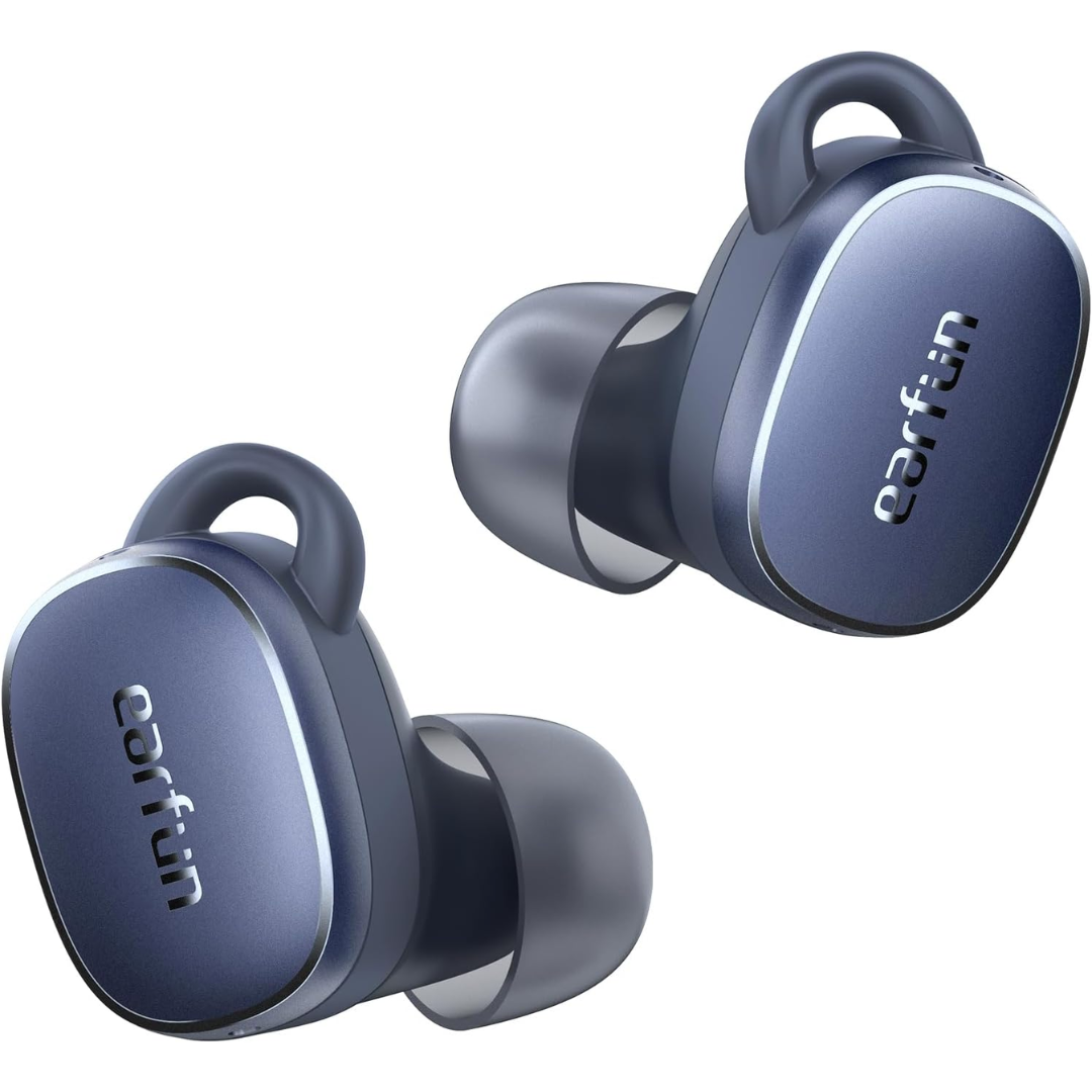 EarFun wireless earbuds in blue finish, displayed side by side on a white background.