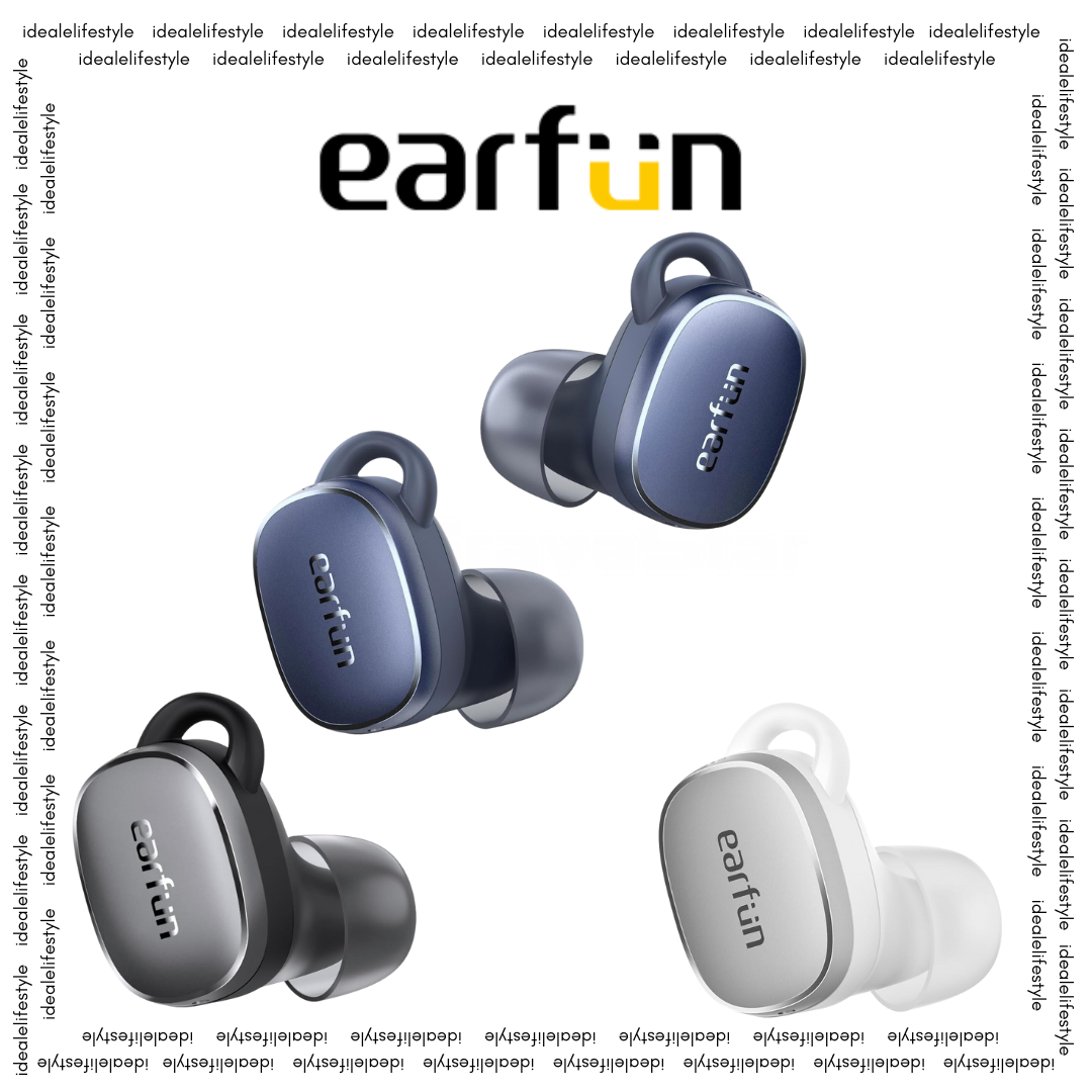 EarFun earbuds in four different colors displayed in a diagonal arrangement with the EarFun logo above, on a white background.