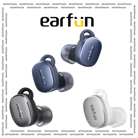 EarFun earbuds in four different colors displayed in a diagonal arrangement with the EarFun logo above, on a white background.
