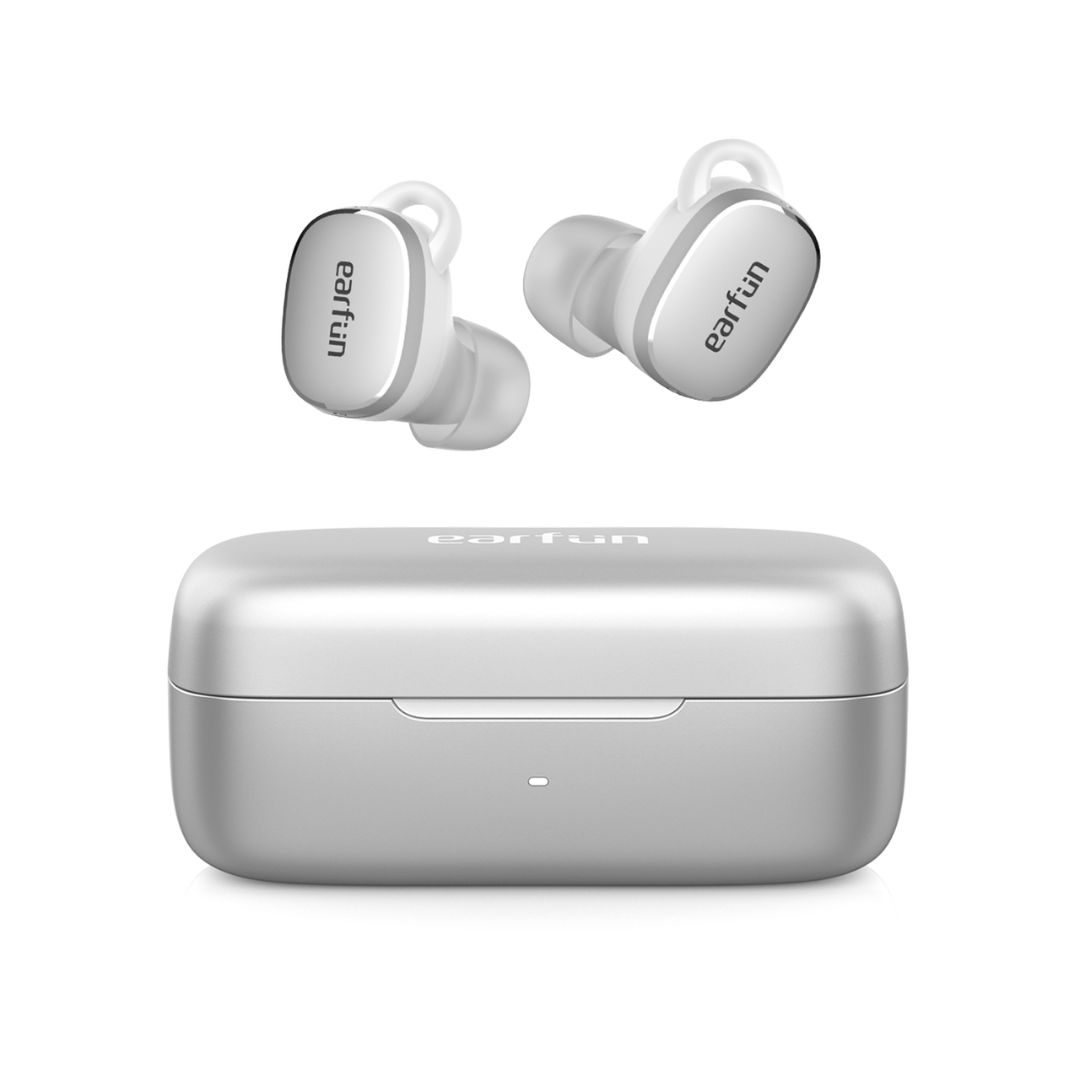 EarFun wireless earbuds in white with matching charging case, shown on a white background.