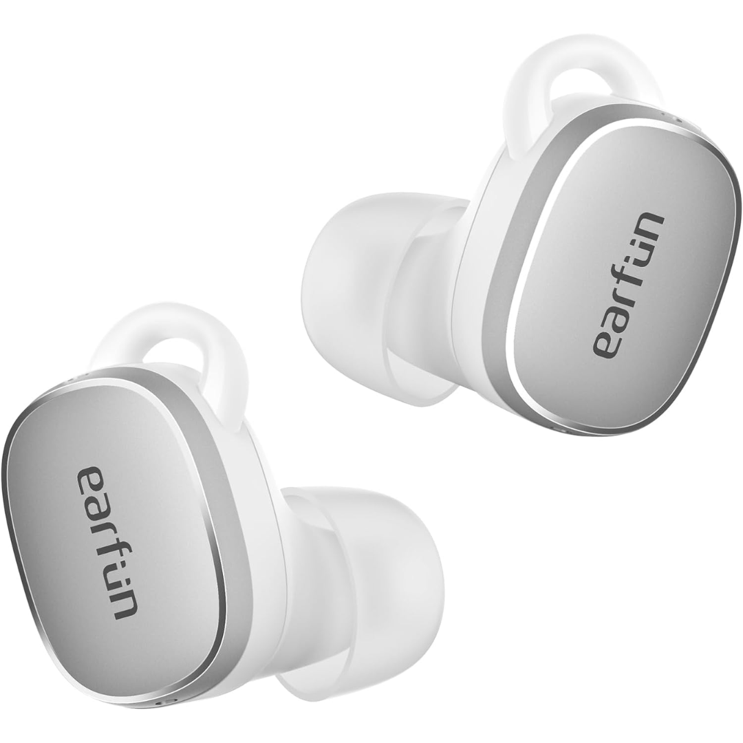 EarFun wireless earbuds in white and silver finish, displayed side by side on a white background.