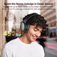 Smiling man wearing black EarFun Tune Pro wireless headphones in an urban setting, with graphics and text highlighting 45dB hybrid active noise cancellation and advanced technology