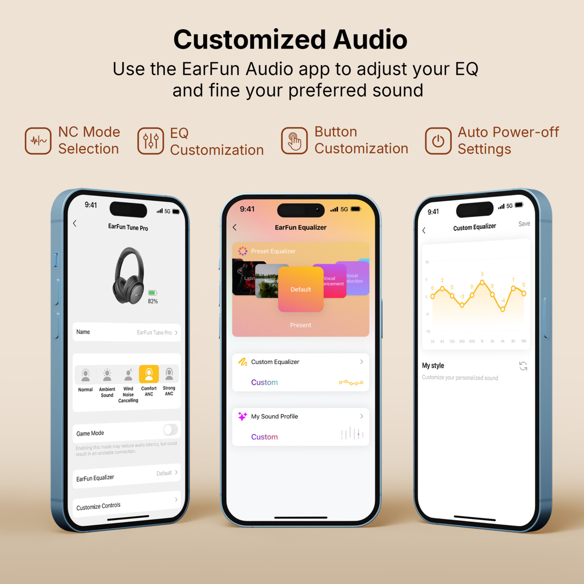 Three smartphones displaying the EarFun Audio app's customization features for EarFun Tune Pro headphones, including EQ adjustment, NC mode selection, button customization, and auto power-off settings, with descriptive icons and text.