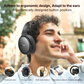 Man wearing black EarFun Tune Pro headphones outdoors, smiling and adjusting the earcup, with icons and text highlighting the product's ergonomic design, breathable mesh, memory foam, adjustable headband, multi-angle rotation, and foldable structure.