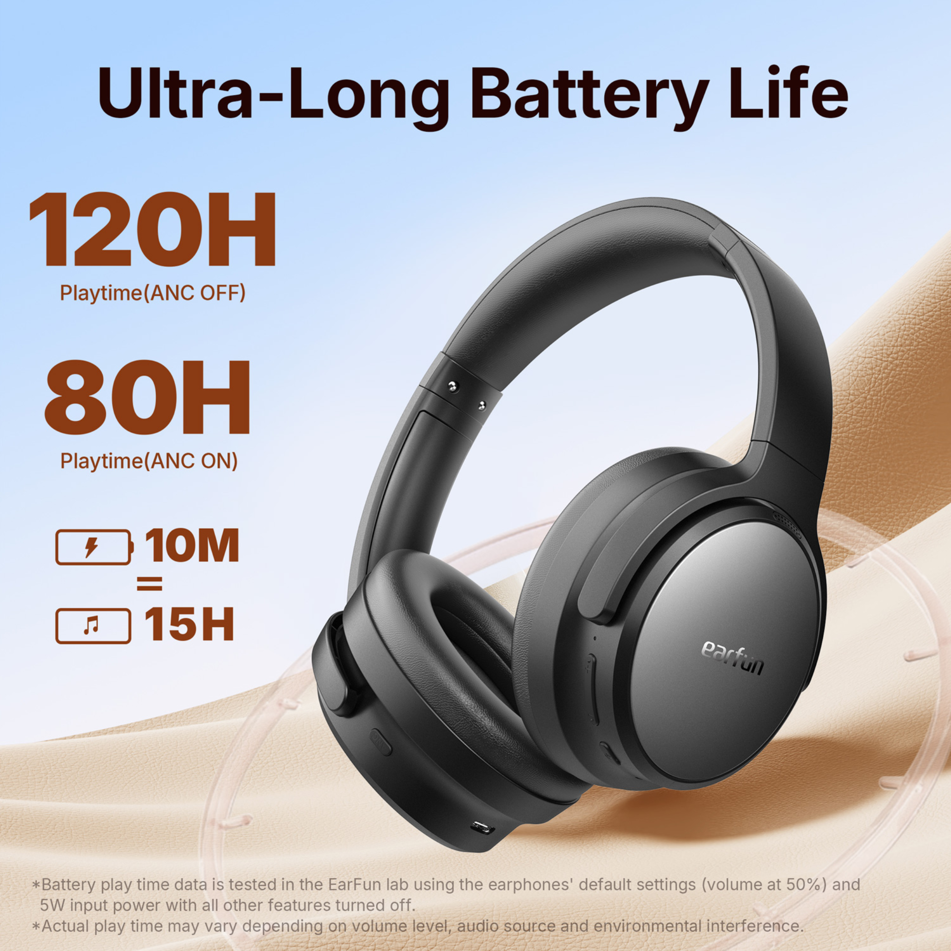 Black EarFun Tune Pro wireless headphones showcasing ultra-long battery life, with highlighted text stating 120 hours playtime (ANC off), 80 hours (ANC on), and a rapid 10-minute charge delivering 15 hours of use.