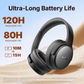 Black EarFun Tune Pro wireless headphones showcasing ultra-long battery life, with highlighted text stating 120 hours playtime (ANC off), 80 hours (ANC on), and a rapid 10-minute charge delivering 15 hours of use.