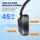 EarFun Wave Pro ANC headphone side view highlighting internal and external microphones, with text promoting 45dB hybrid active noise cancellation.