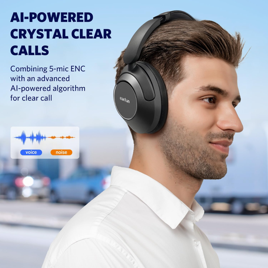 Man wearing EarFun Wave Pro ANC headphones outdoors, with text describing AI-powered crystal clear calls using 5-mic ENC and an advanced noise-reduction algorithm, and a graphic comparing voice and noise levels.