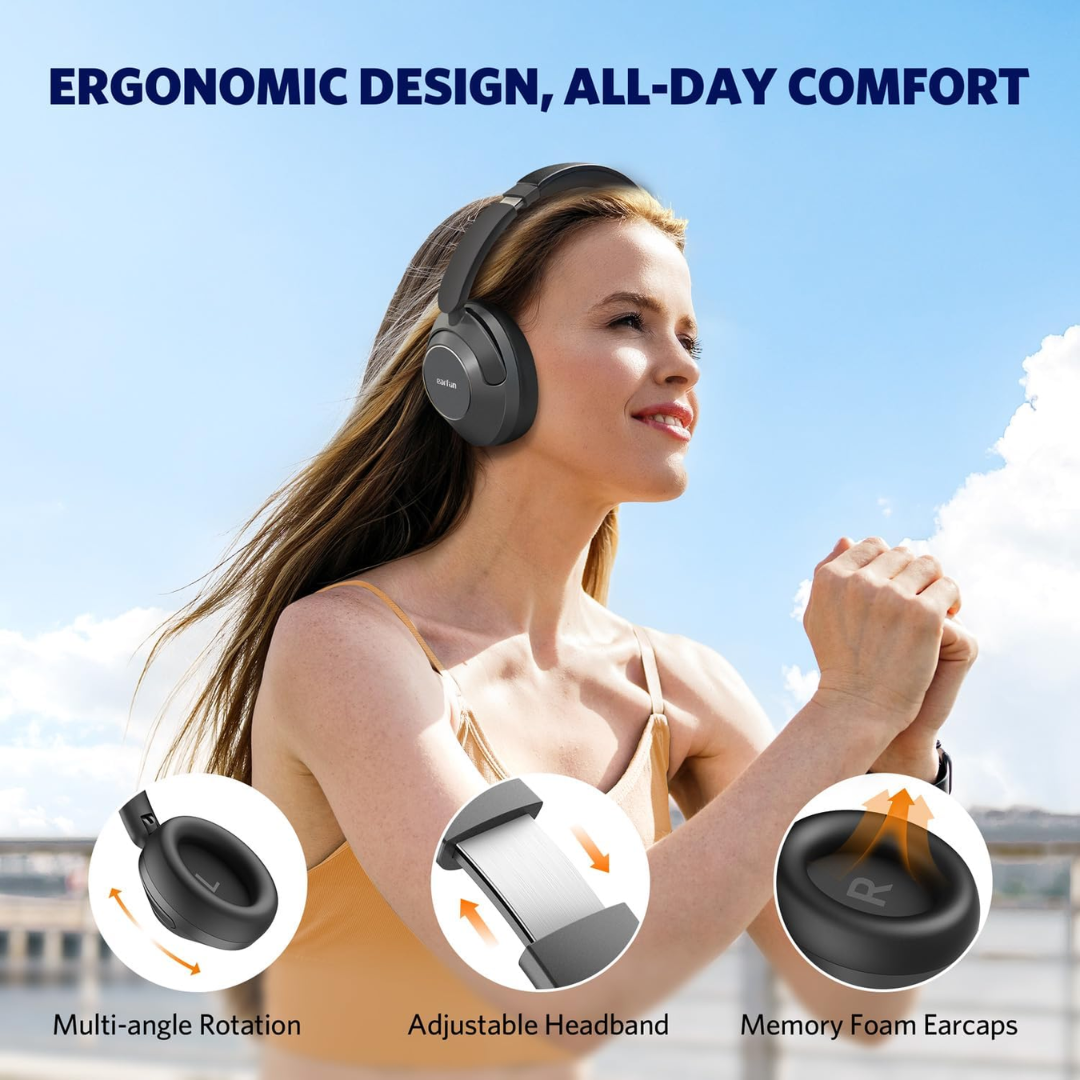 Woman outdoors wearing EarFun Wave Pro ANC headphones, with text about ergonomic design and comfort. Below are features showing multi-angle rotation, adjustable headband, and memory foam earcups