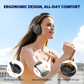 Woman outdoors wearing EarFun Wave Pro ANC headphones, with text about ergonomic design and comfort. Below are features showing multi-angle rotation, adjustable headband, and memory foam earcups