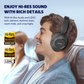 Man seated in an airplane wearing EarFun Wave Pro ANC headphones, enjoying hi-res audio quality and LDAC technology with in-flight comfort and hi-res audio icons visible.
