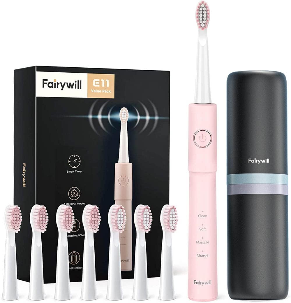 Fairywill E11 pink electric toothbrush value pack with eight replacement brush heads and travel case