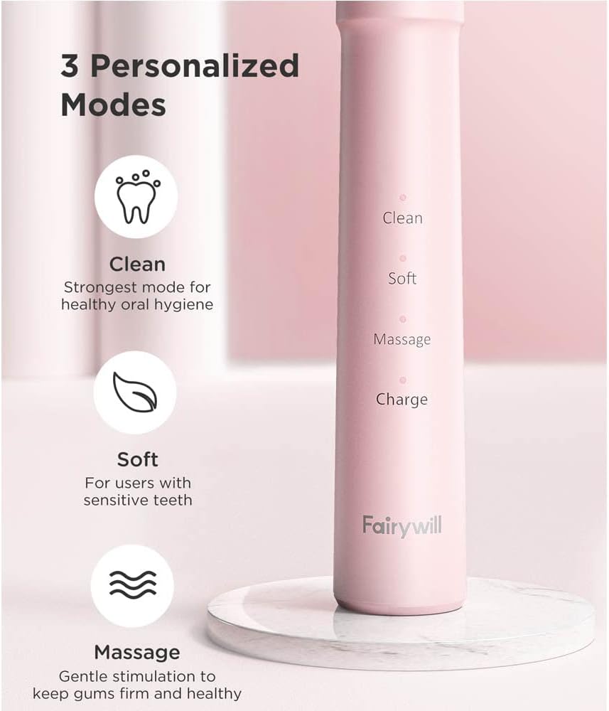 Fairywill pink electric toothbrush with 3 personalized cleaning modes: Clean, Soft, and Massage for oral hygiene