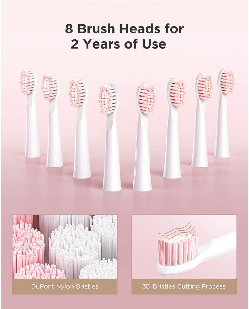 Eight Fairywill pink electric toothbrush replacement heads with DuPont nylon bristles and 3D cutting for 2 years of use