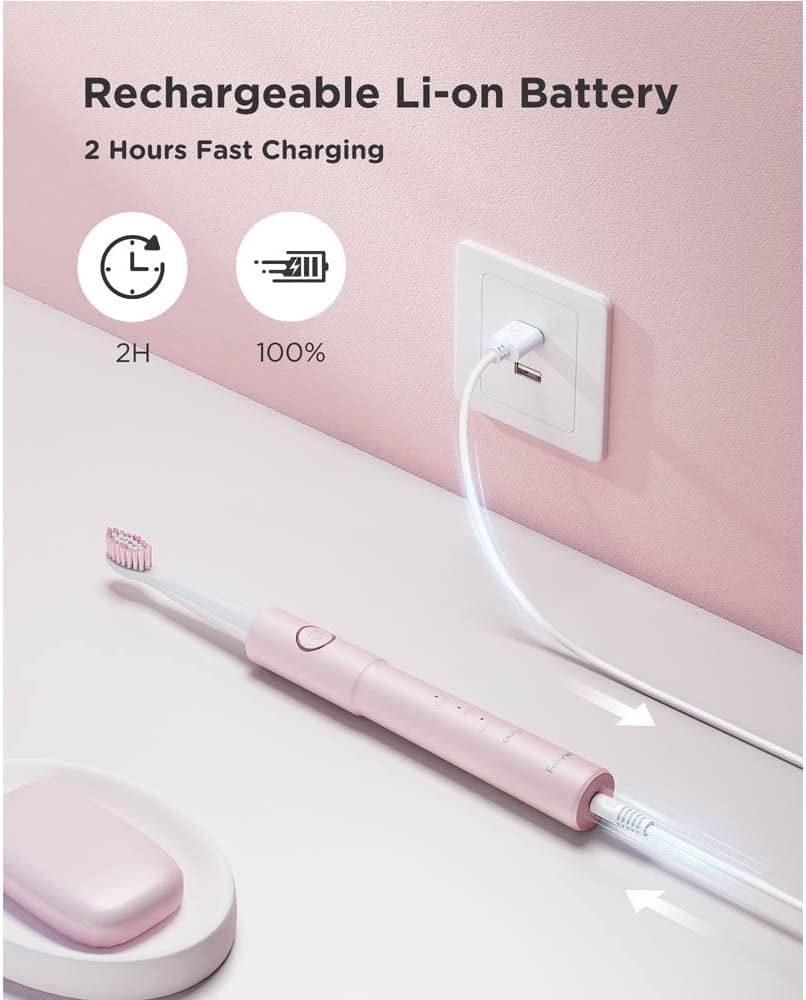 Fairywill pink electric toothbrush charging with Li-ion battery for 2-hour fast USB charging on a pink counter
