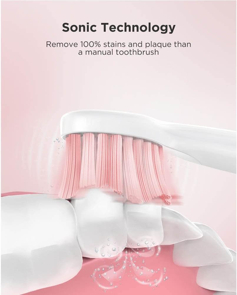 Fairywill pink electric toothbrush head using sonic technology for superior stain and plaque removal on teeth