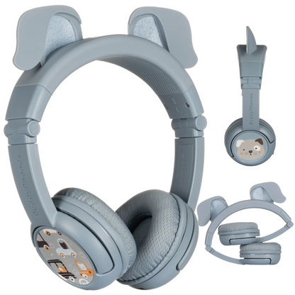 Gray over-ear kids’ headphones with glittery dog ears on the headband and soft cushioned ear pads, featuring playful dog face illustrations on the earcups; shown from front, side, and folded views