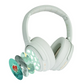 Grey army green BuddyPhones CosmosFun wireless kids headphones with active noise cancellation, shown with multiple decorative cover options including cartoon, polar bear, and camouflage designs