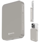 Griffin 10,000mAh MagSafe-compatible portable power bank in silver, shown attached to an iPhone for wireless charging, slim and compact external battery.