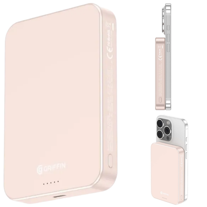 Griffin 10,000mAh MagSafe wireless power bank in pink, slim and portable battery pack attached to iPhone, ideal for on-the-go charging.