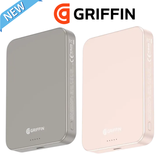 New Griffin 10,000mAh portable power bank in grey and pink colors, compact external battery chargers with LED indicators, ideal for mobile device charging.